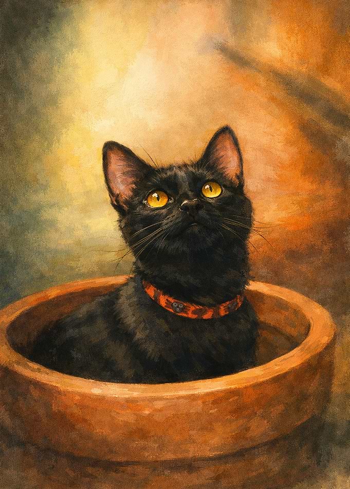 Black Cat in Pot Painting