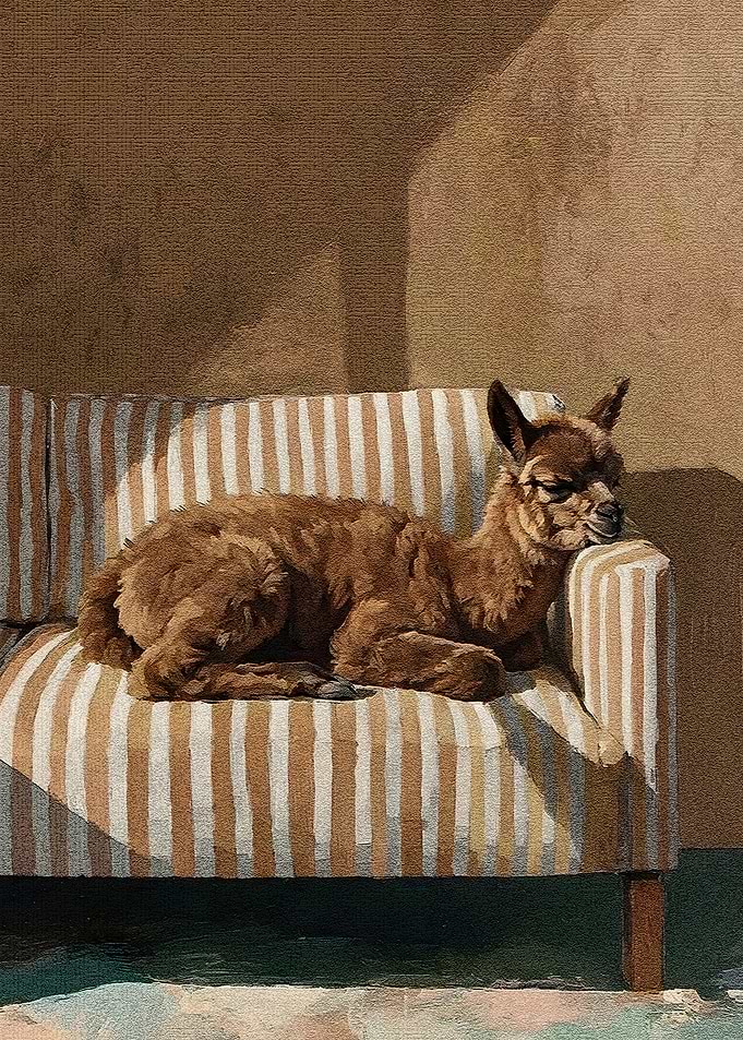 Resting Alpaca on Striped Couch