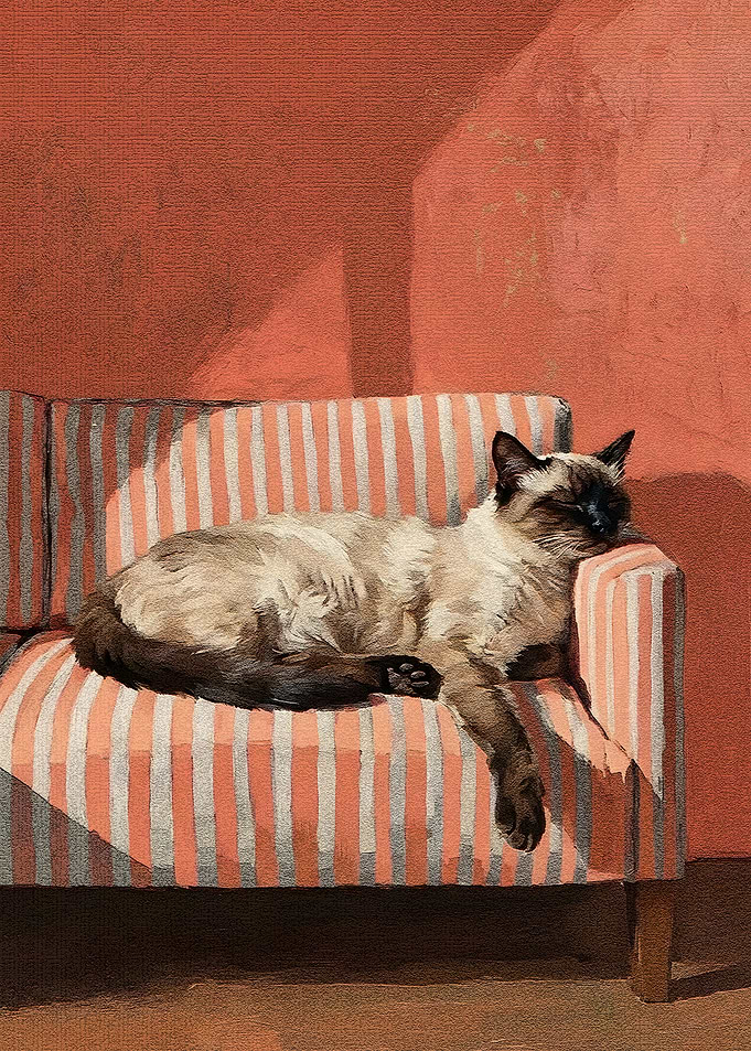 Sleeping Siamese Cat on Striped Couch