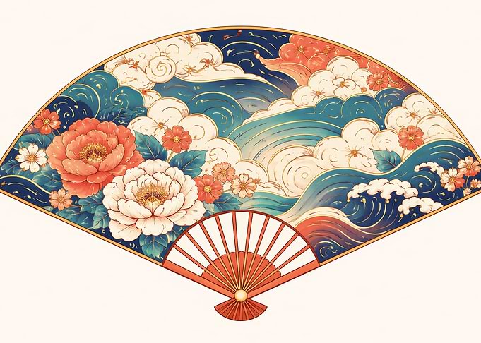 Japanese Fan with Floral and Wave Design