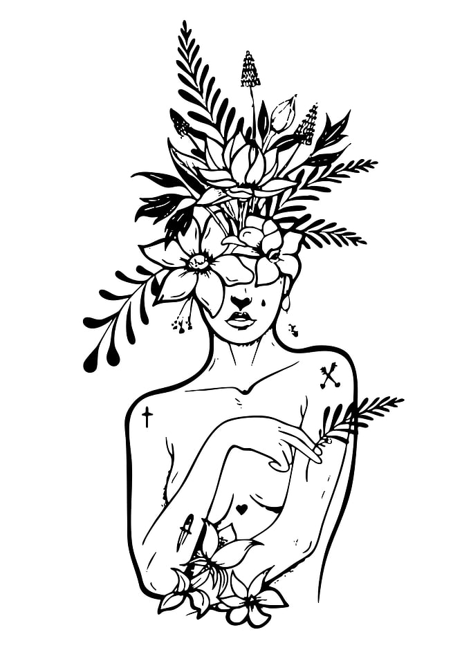Floral Woman Black and White Illustration