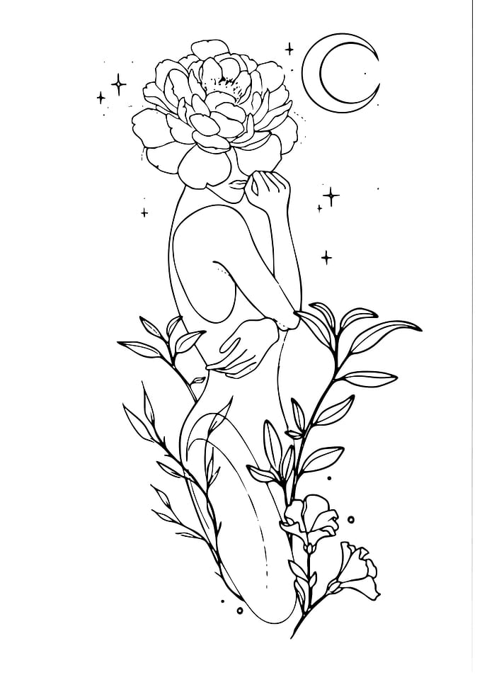 Floral Woman Line Art with Moon