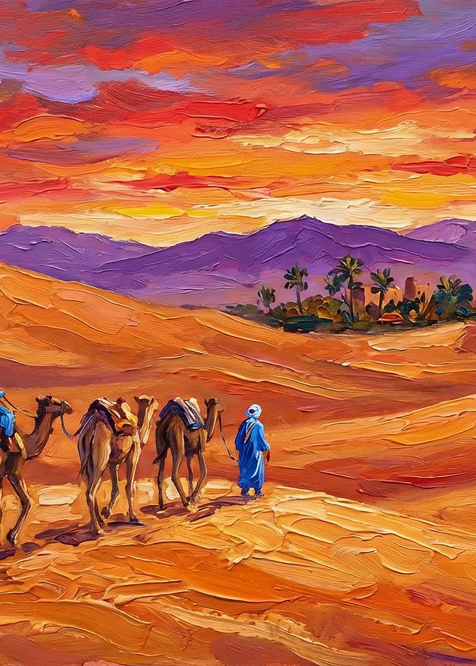 Vibrant Desert Sunset Camel Caravan Painting