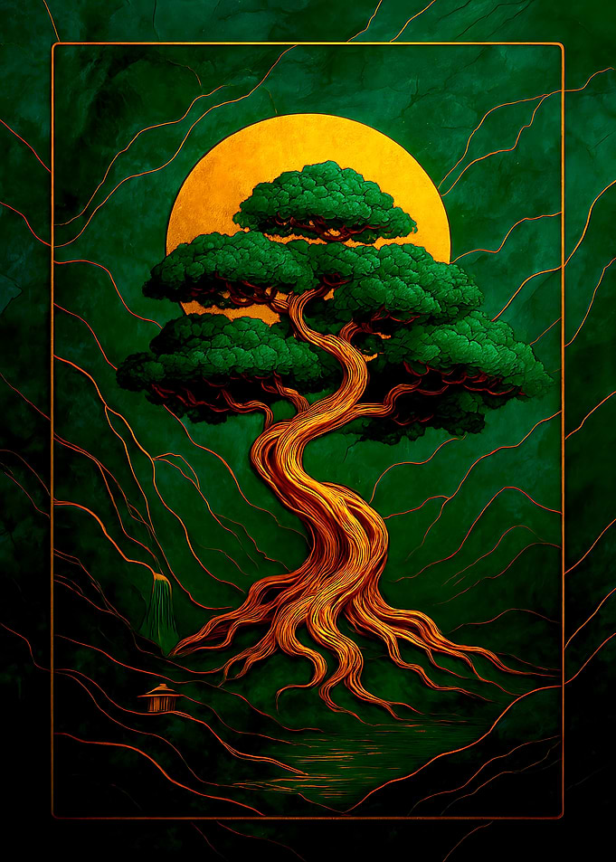 Enchanted Bonsai Tree Under a Golden Sun