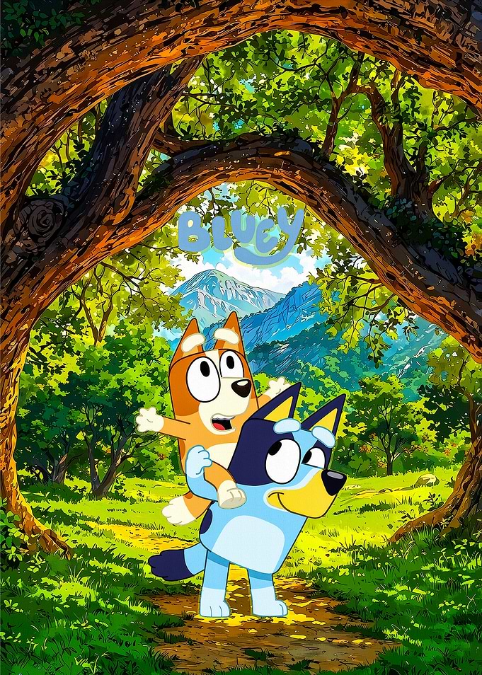 Bluey and Bingo in a Forest