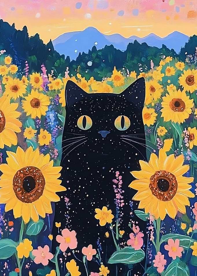 Black Cat in Sunflower Field