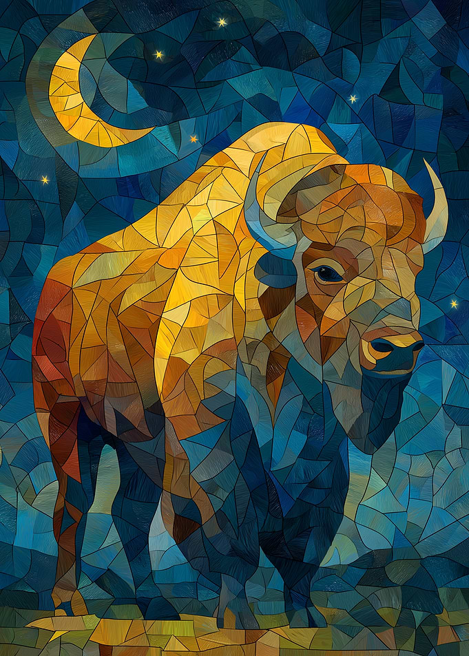 Mosaic Bison Under Crescent Moon