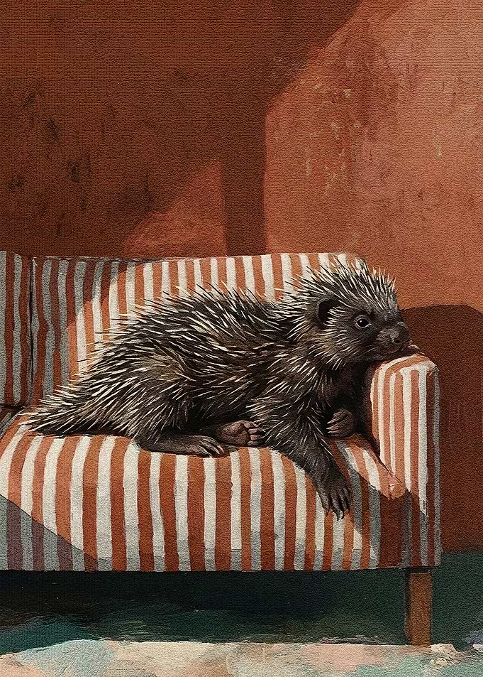 Porcupine Relaxing on Striped Couch