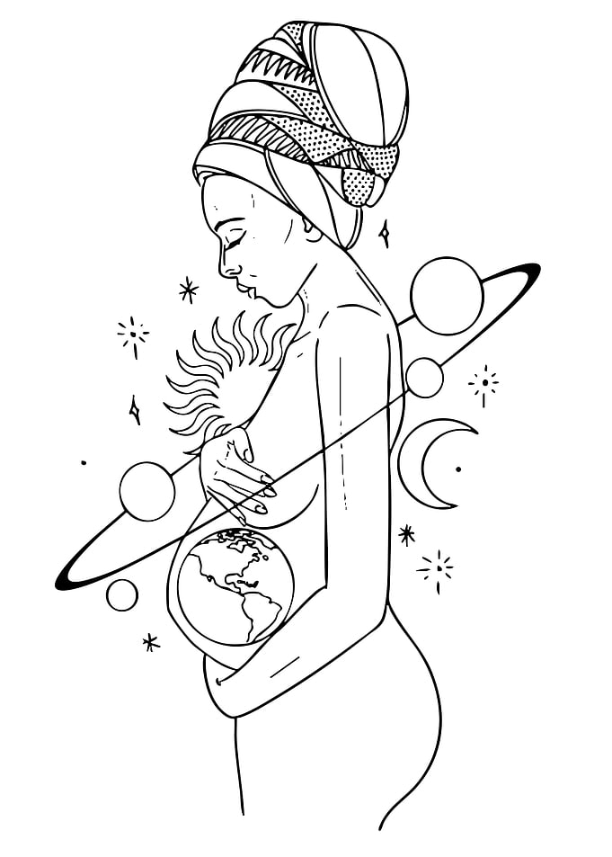Pregnant Woman with Celestial Elements Line Art