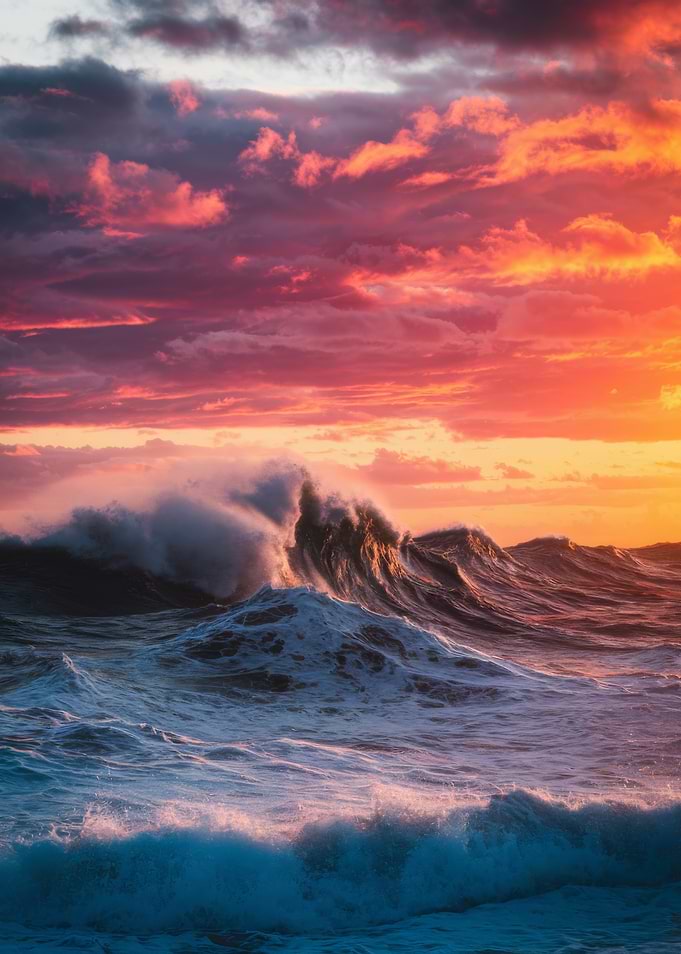 Sunset Over Crashing Ocean Waves