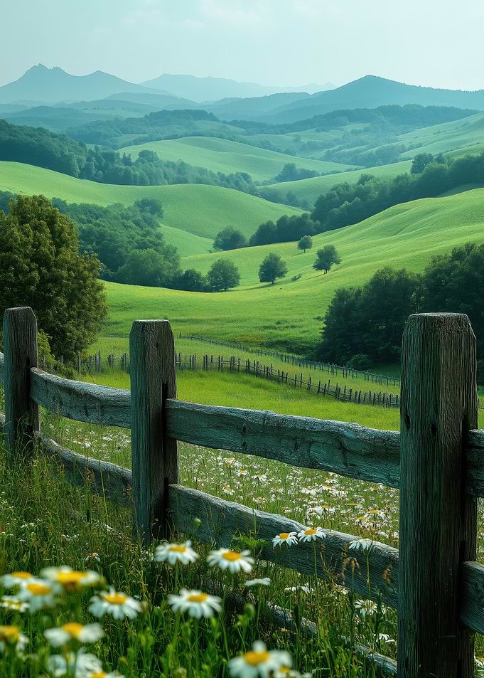 Rolling Green Hills with Wooden Fence