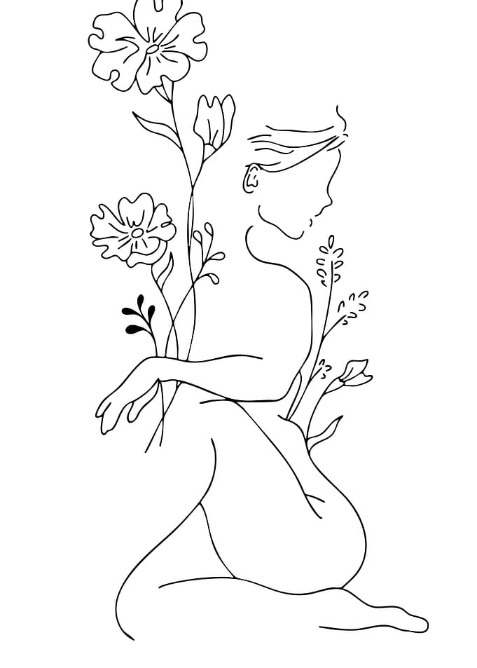 Woman and Flowers Line Art