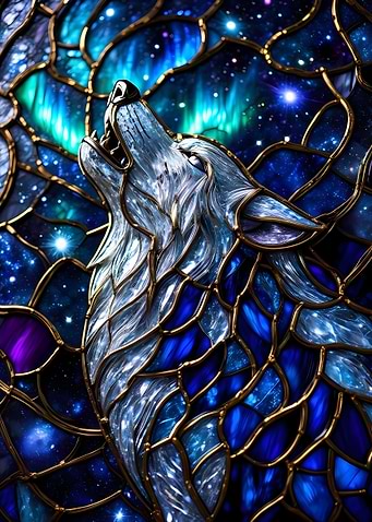 Stained Glass Wolf Howling at Aurora