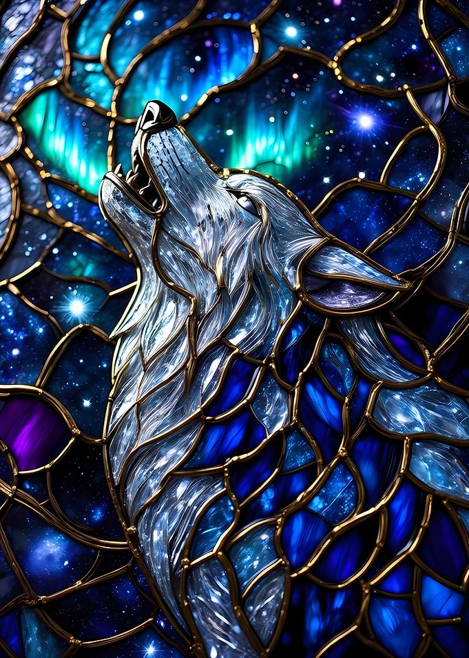 Stained Glass Wolf Howling at Aurora