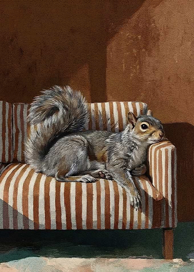 Squirrel Resting on Striped Couch