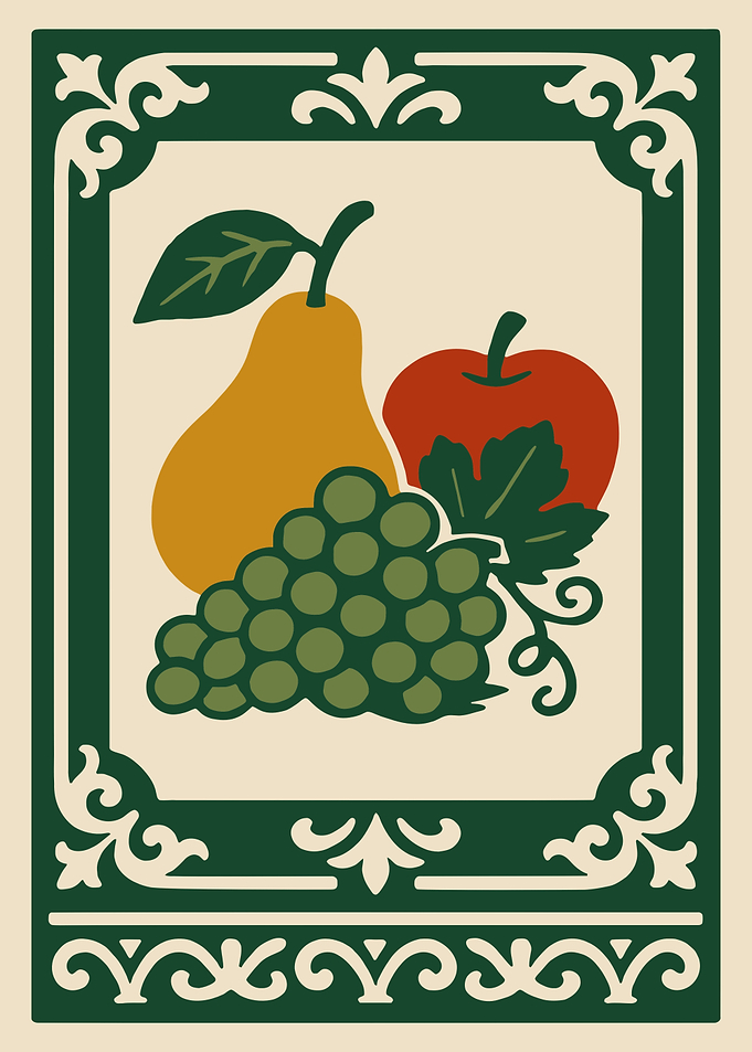 Still life of fruits with decorative border