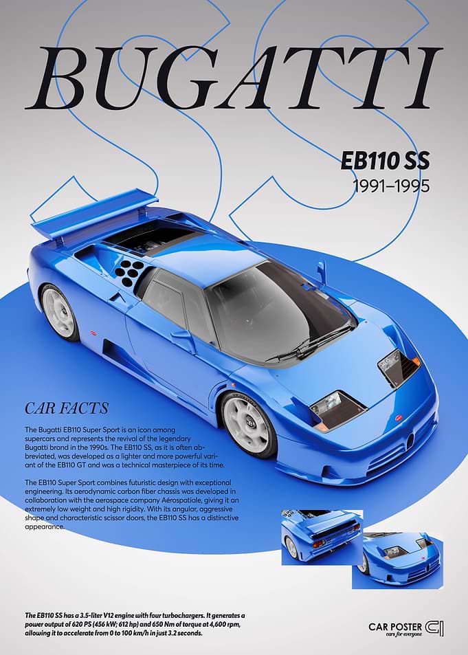 Bugatti EB110 SS Blue Car Poster