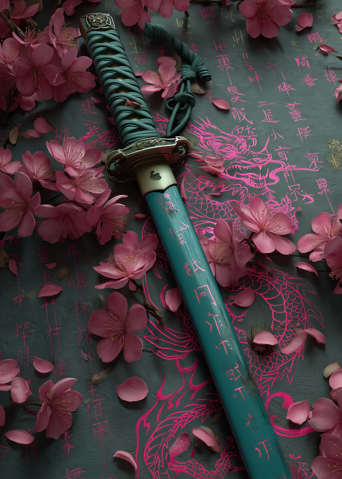 Teal Katana with Cherry Blossoms and Dragon