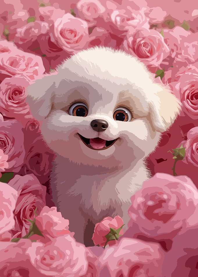 Cute White Puppy in Pink Roses