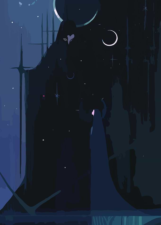 Mysterious Figures Under a Cosmic Sky
