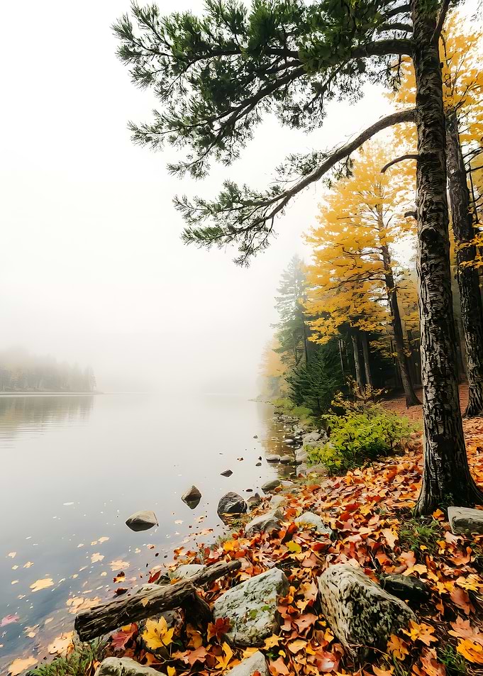 Autumn Lake Scene with Fog