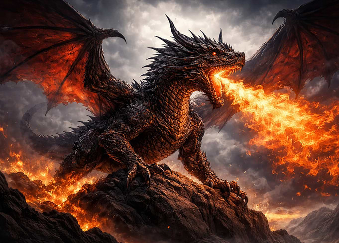 Dragon breathing fire on rocks