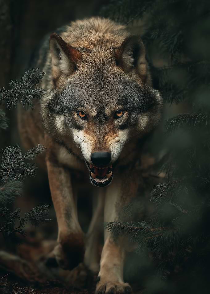 Angry Wolf Portrait in Forest