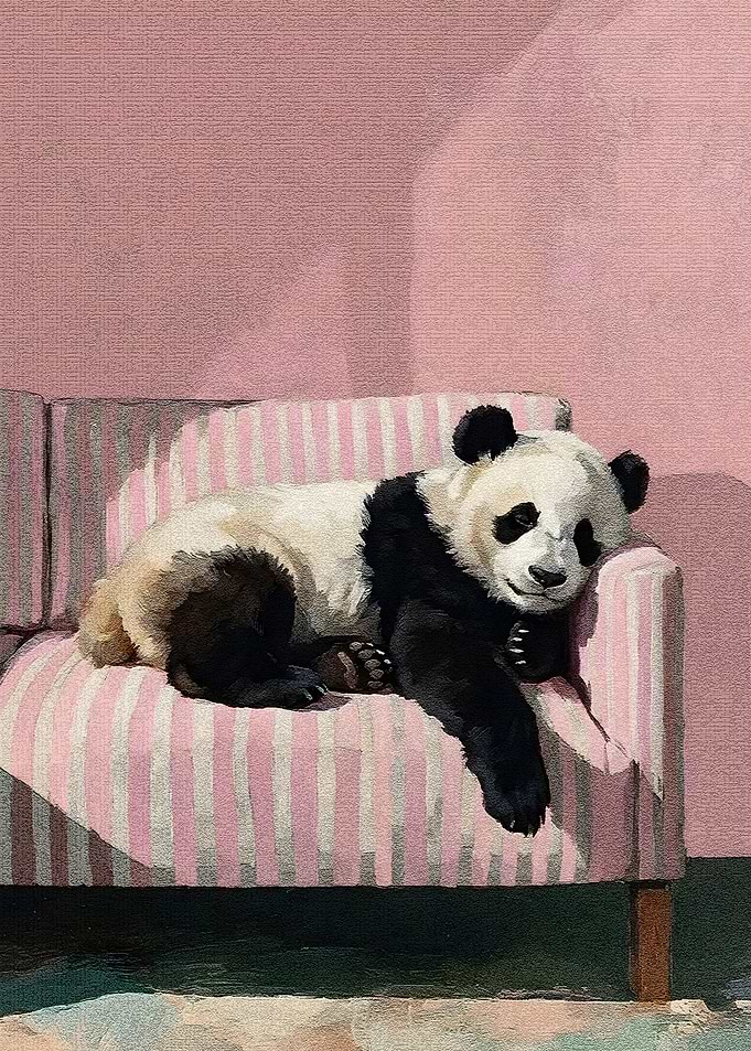 Sleeping Panda on Striped Couch