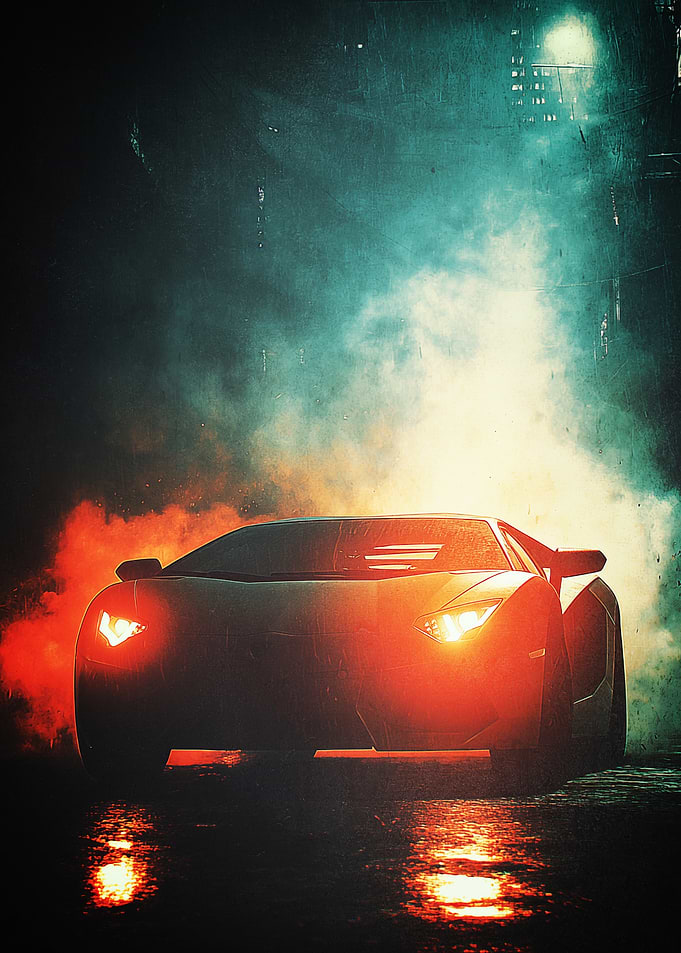 Sports car in smoky, neon-lit night Poster