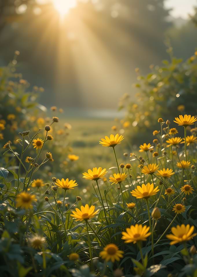Golden Hour Meadow with Yellow Flowers