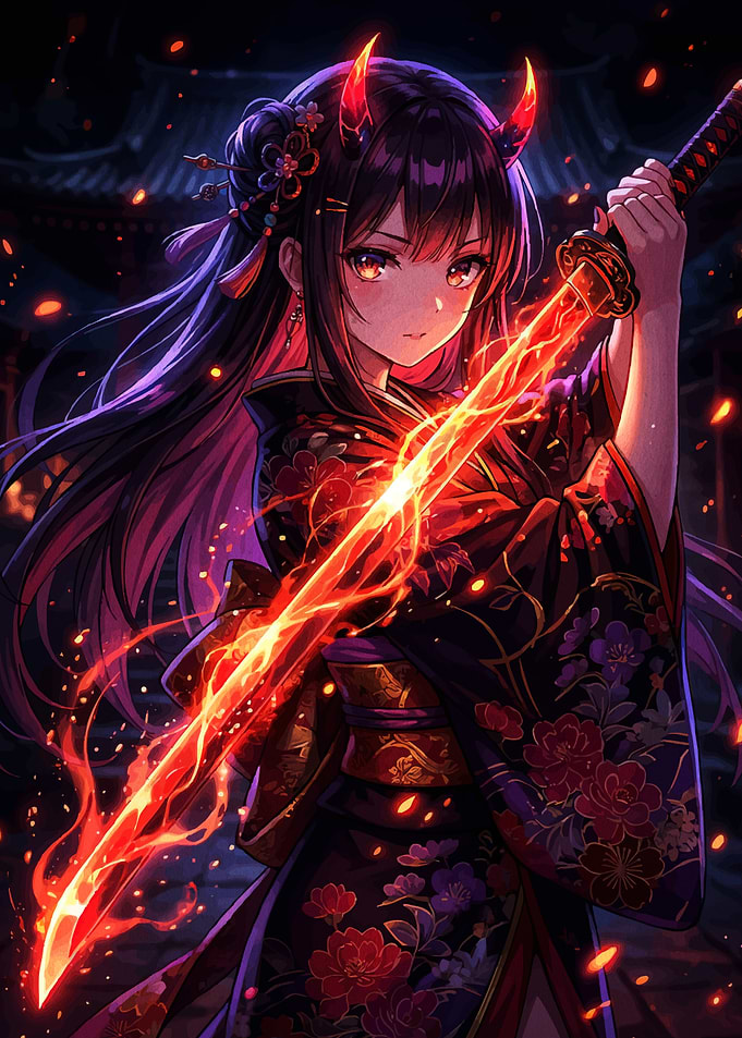 Anime Girl with Fiery Sword