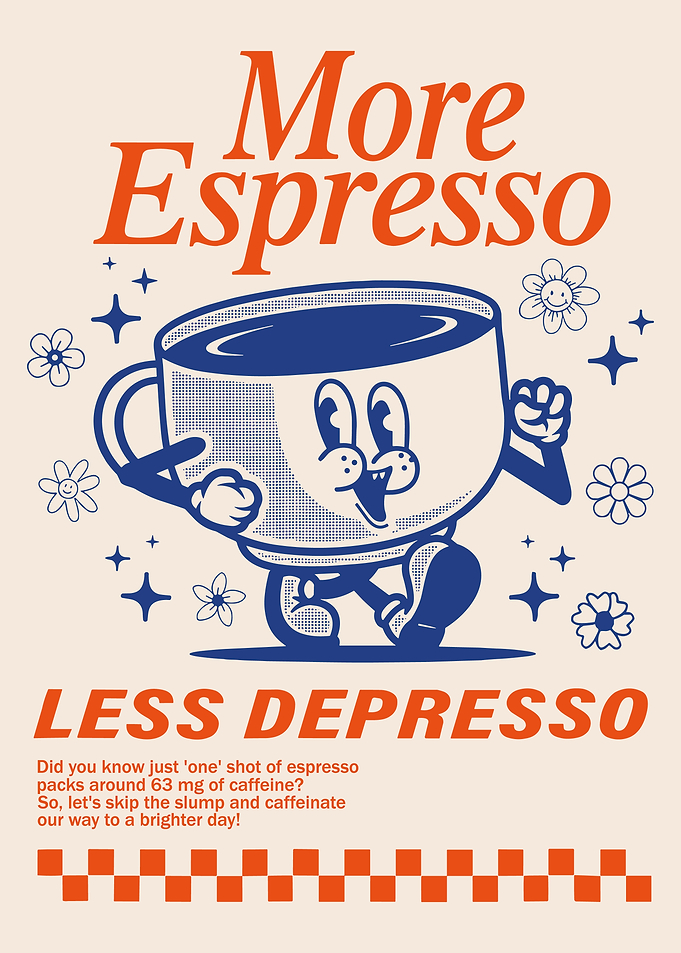 More Espresso Less Depresso Poster, Cute Coffee Wall Art, Retro Coffee Quote Print