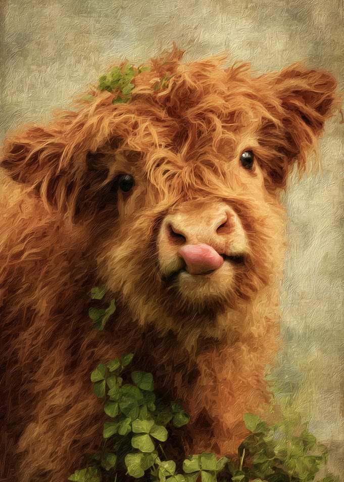 Highland calf with clovers