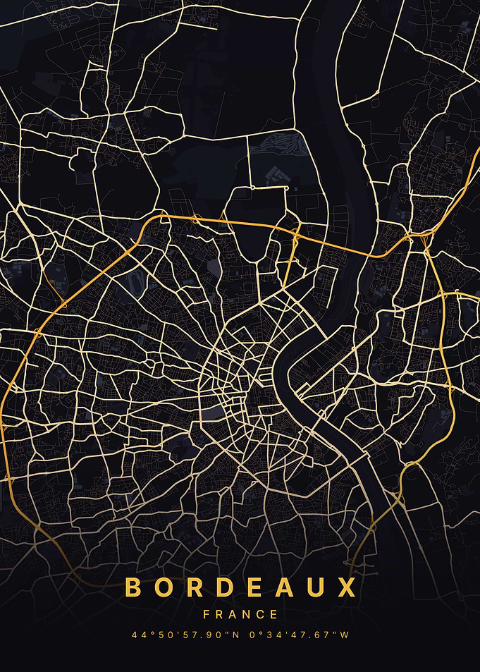 Bordeaux France Black and Gold Map