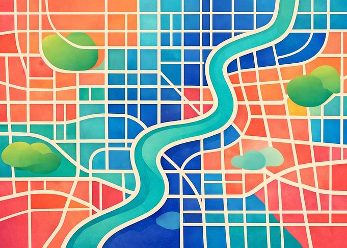 Stylized City Map with River and Parks