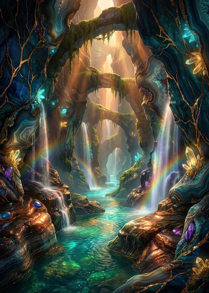 Enchanted Crystal Cave with Waterfalls