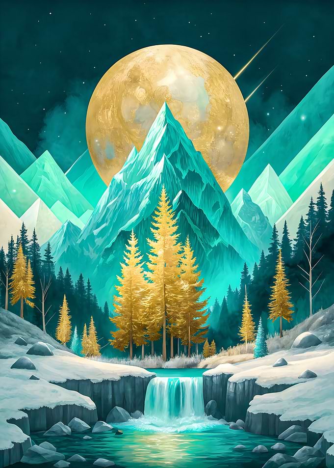 Moon Over Winter Snow: Mountains, Forest, and a Celestial Waterfall
