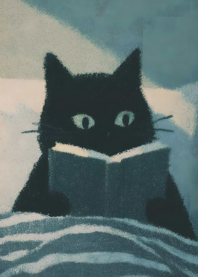 Black cat reading a book
