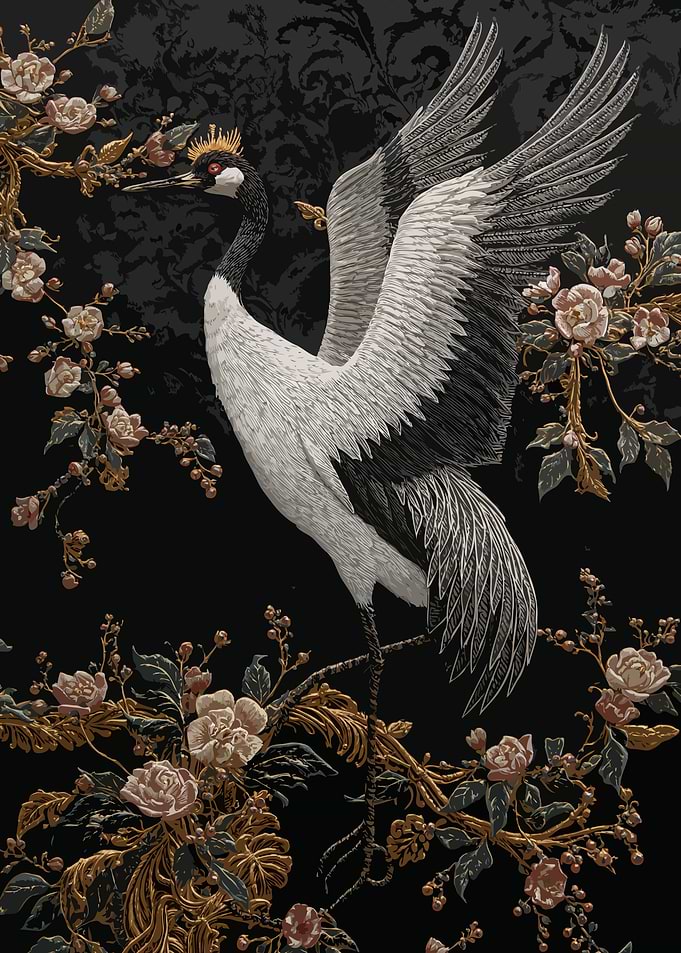 Elegant Crane with Crown and Flowers