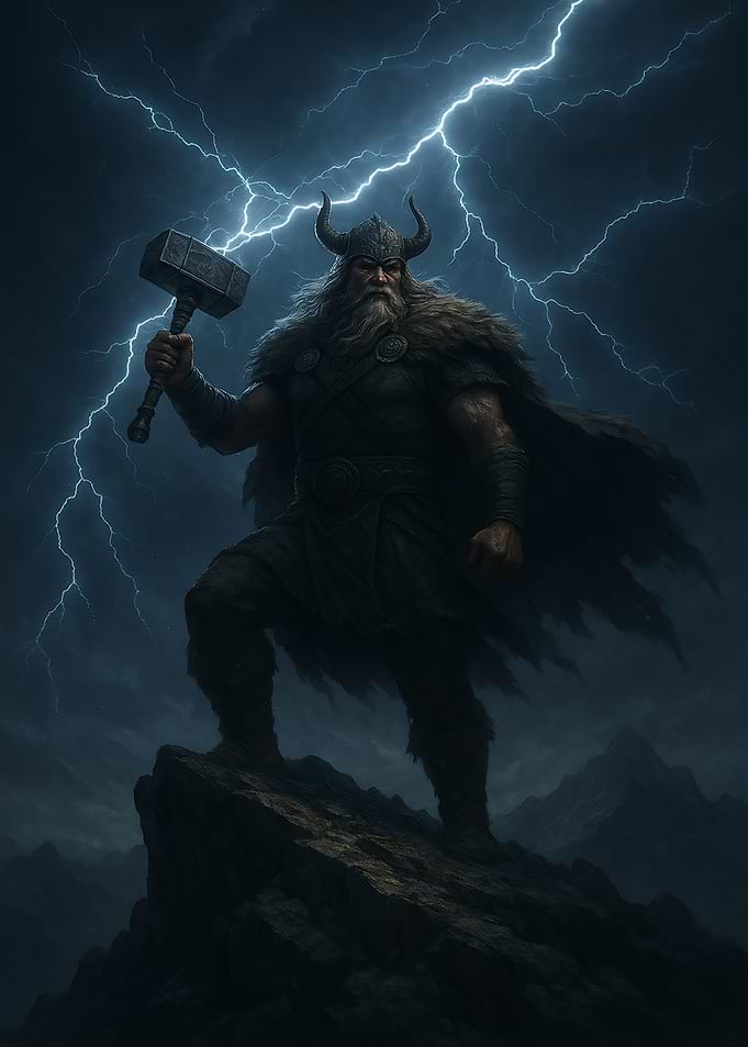 Thor with Mjolnir in Stormy Weather