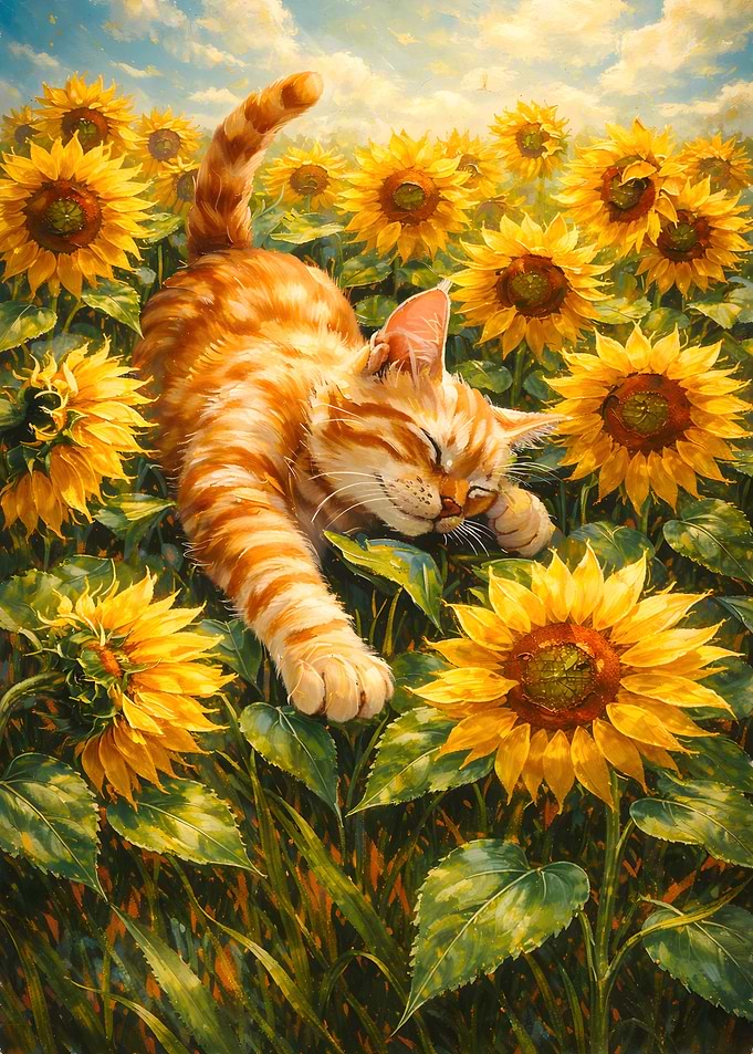 Ginger Cat Sleeping in Sunflowers