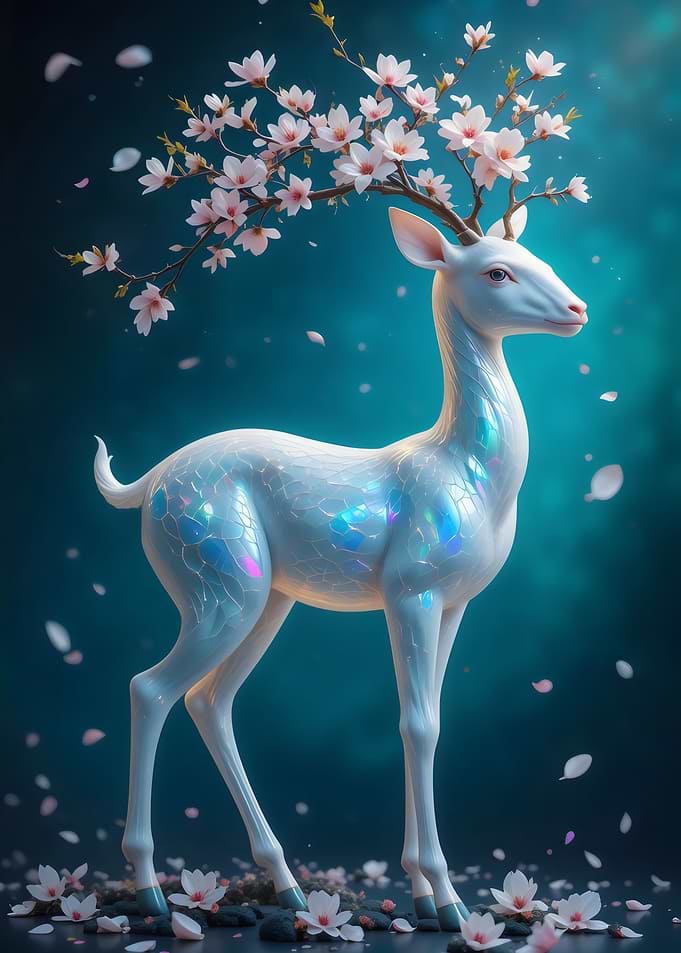 Ethereal White Iridescent Deer with Cherry Blossom Antlers