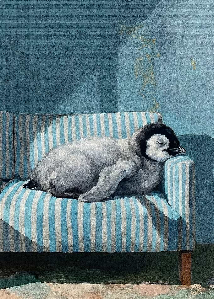 Sleeping Penguin Chick on Striped Couch