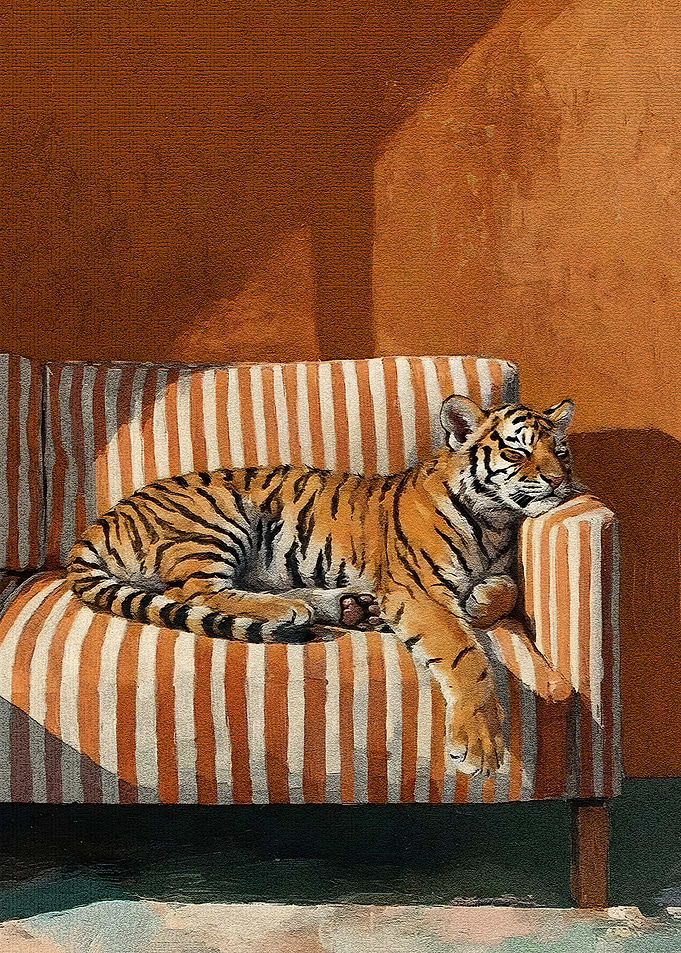 Resting Tiger on Striped Couch