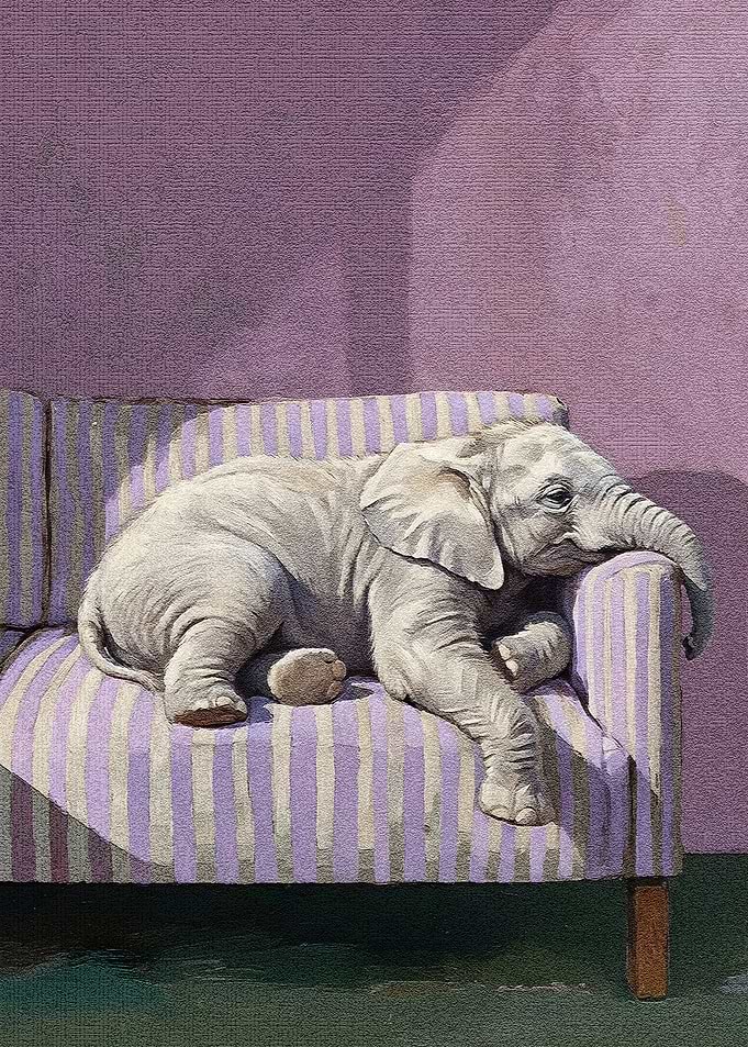 Resting Elephant on Striped Couch