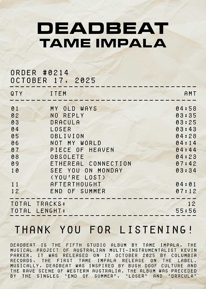 Deadbeat Tame Impala Album Receipt