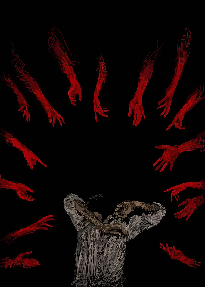 Person surrounded by red hands