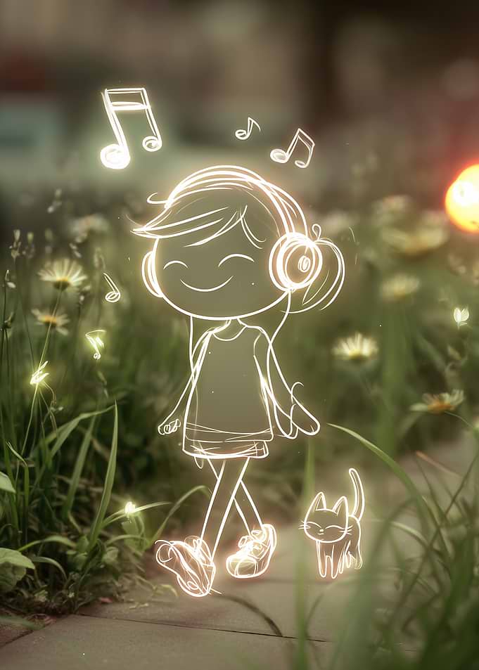 Girl listening to music with cat
