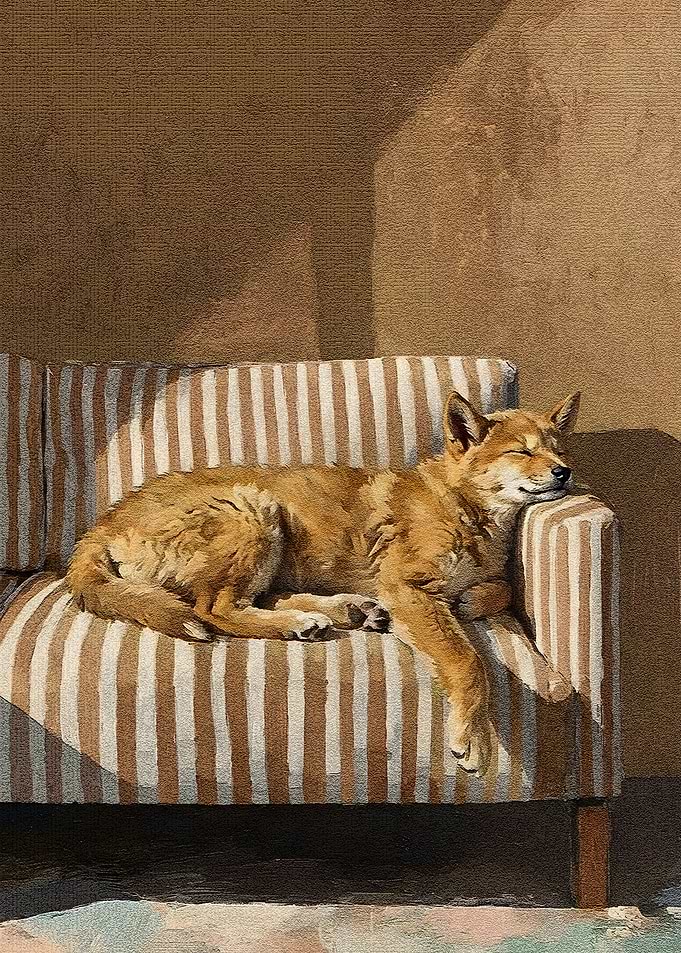 Sleeping Dog on Striped Couch