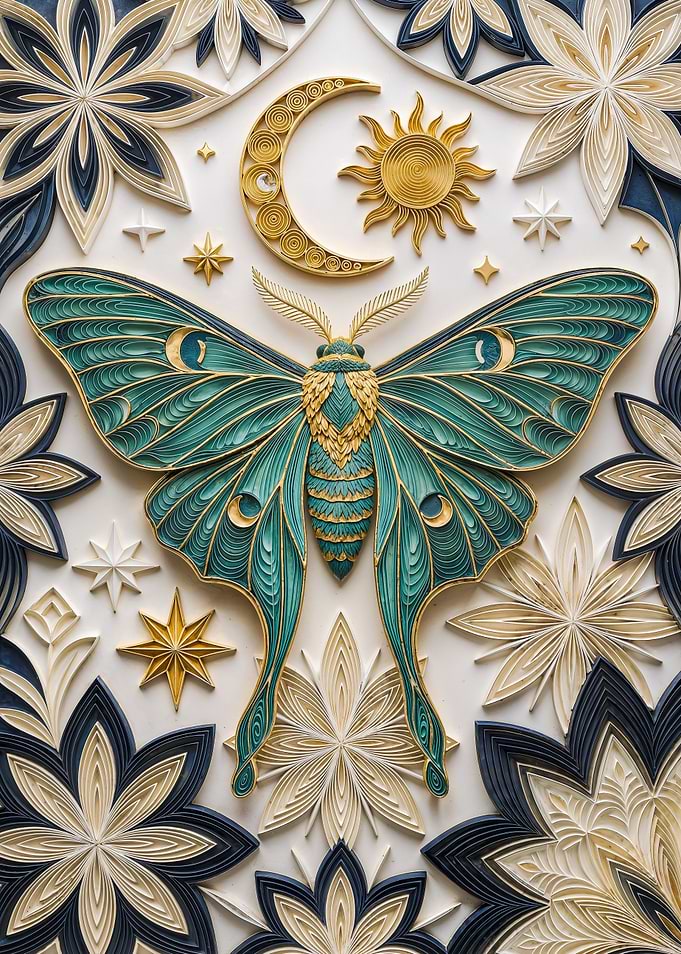 Celestial Moth Moon Art – Teal Gold Art Nouveau Mystical Wall Decor